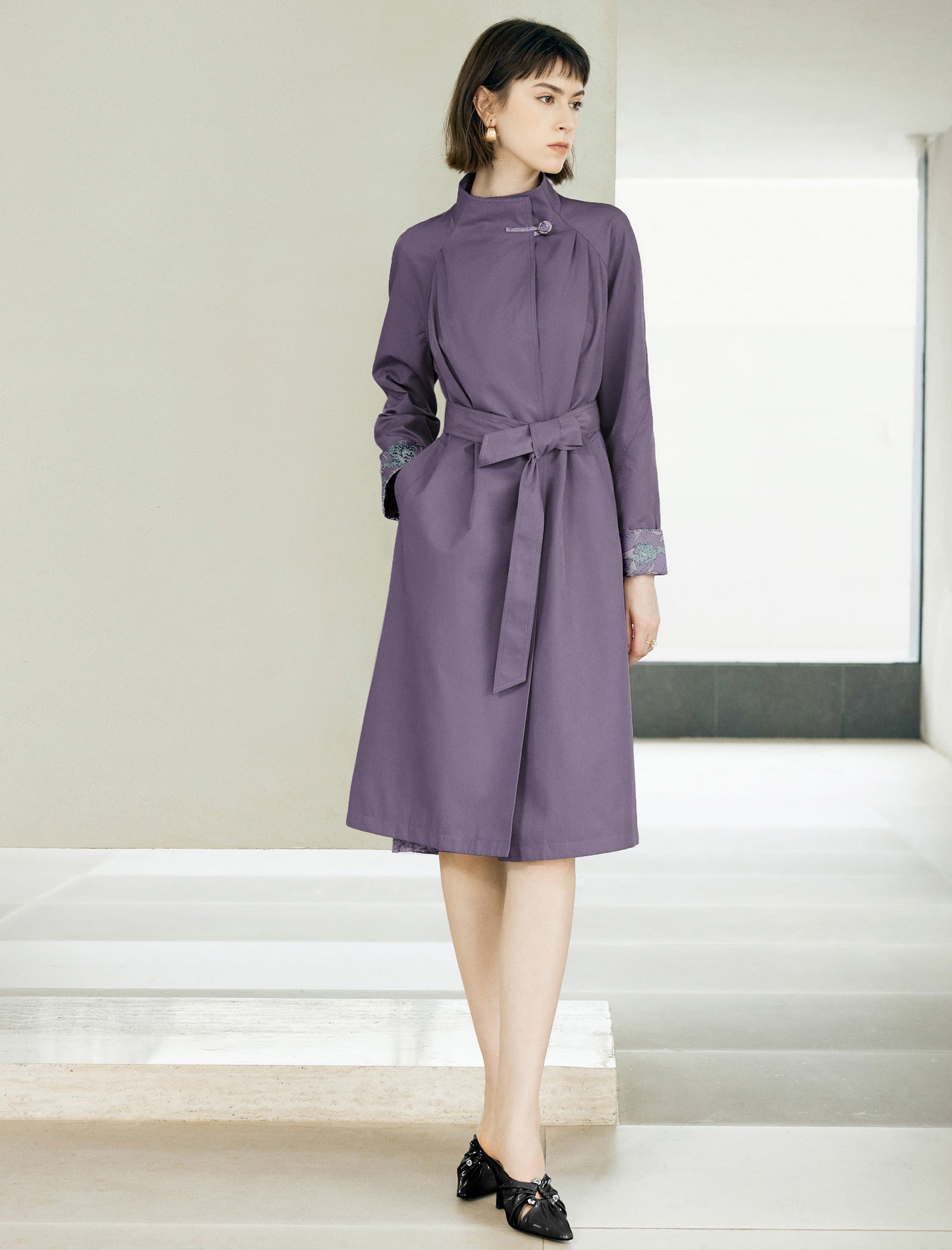 Floral Cuff Stand-Up Collar Belted Trench Coat