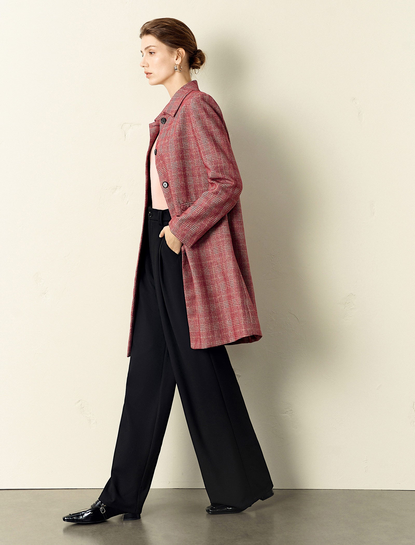 Red Plaid Straight Cut Midi Coat