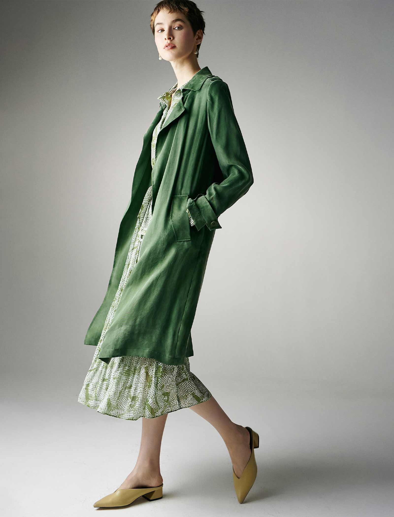 Green Belted 100% Tencel Midi Trench Coat