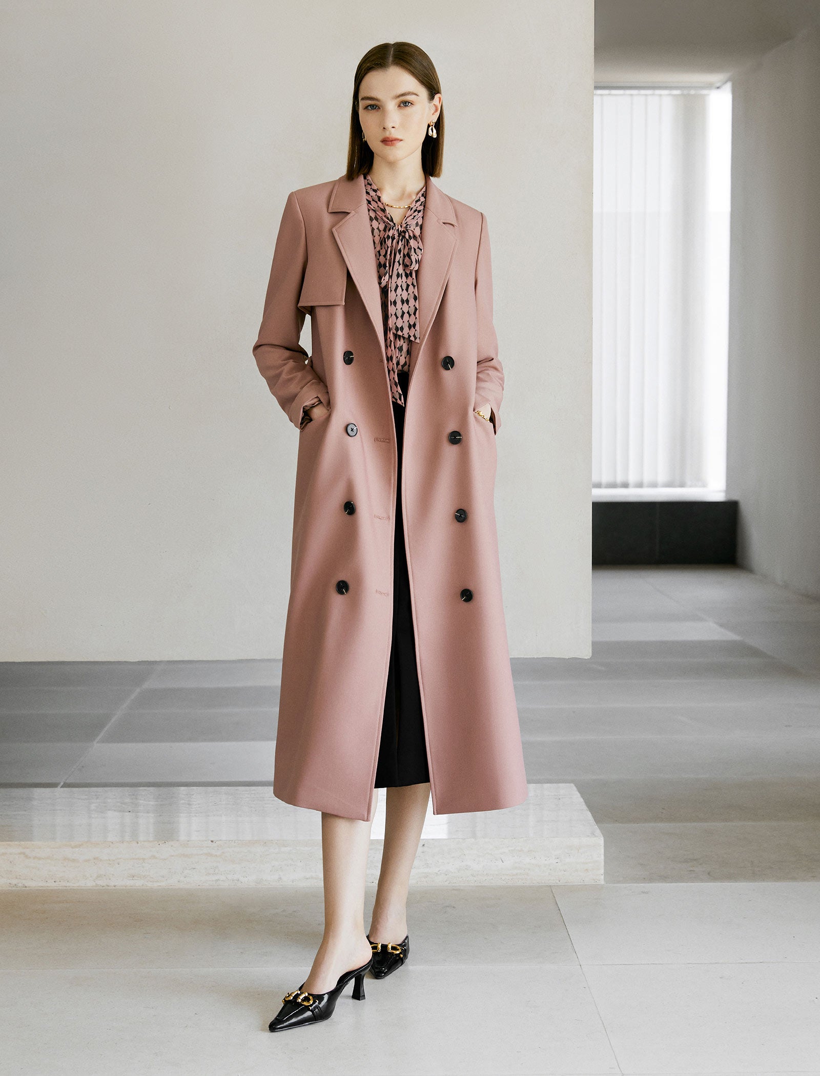 Long Double-Breasted Trench Coat