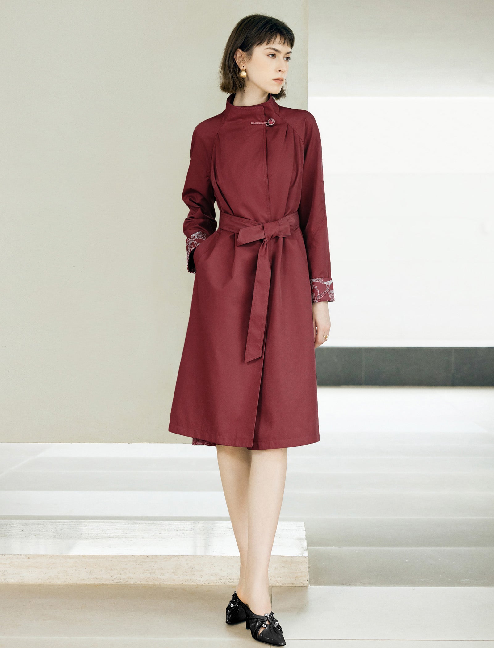 Floral Cuff Stand-Up Collar Belted Trench Coat
