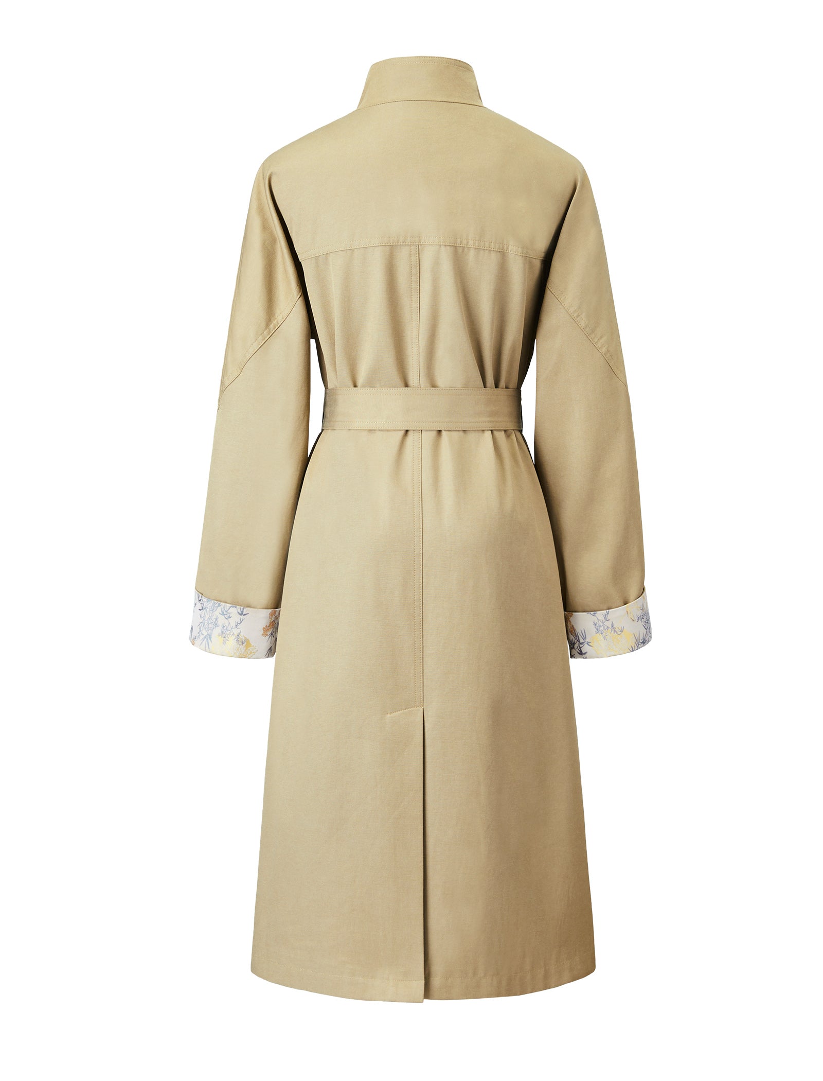 Floral Cuff Stand-Up Collar Belted Trench Coat