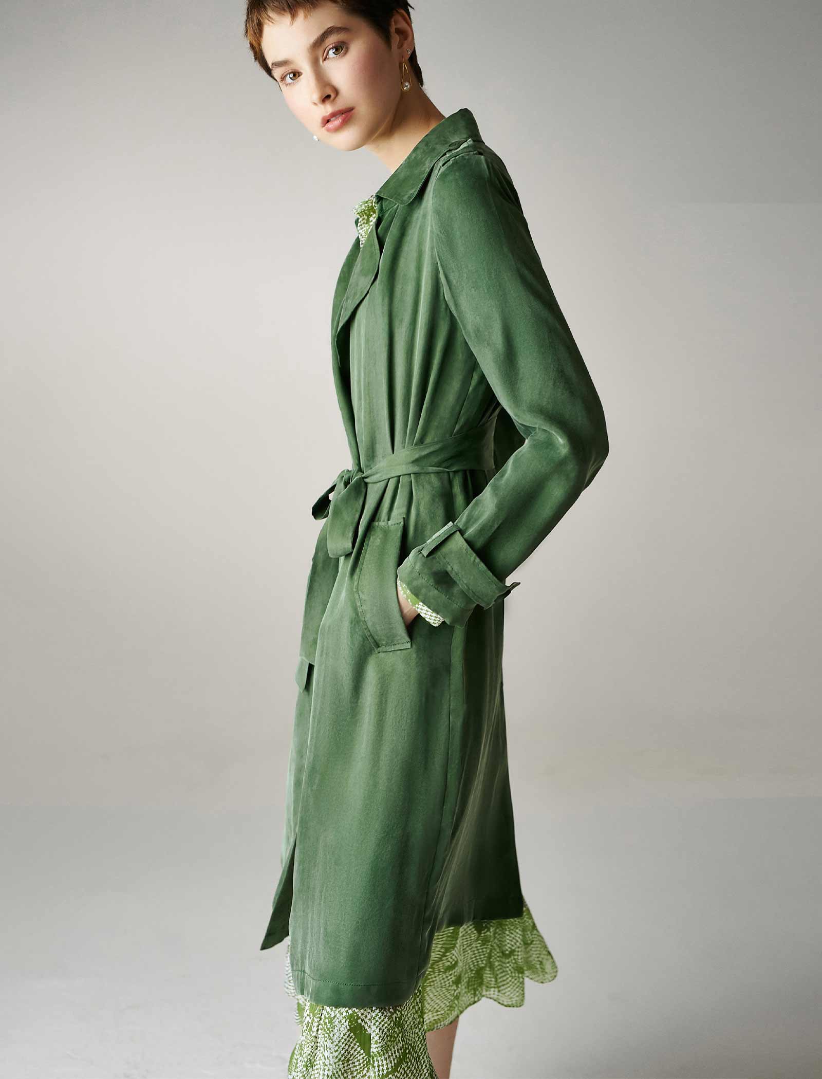 Green Belted 100% Tencel Midi Trench Coat