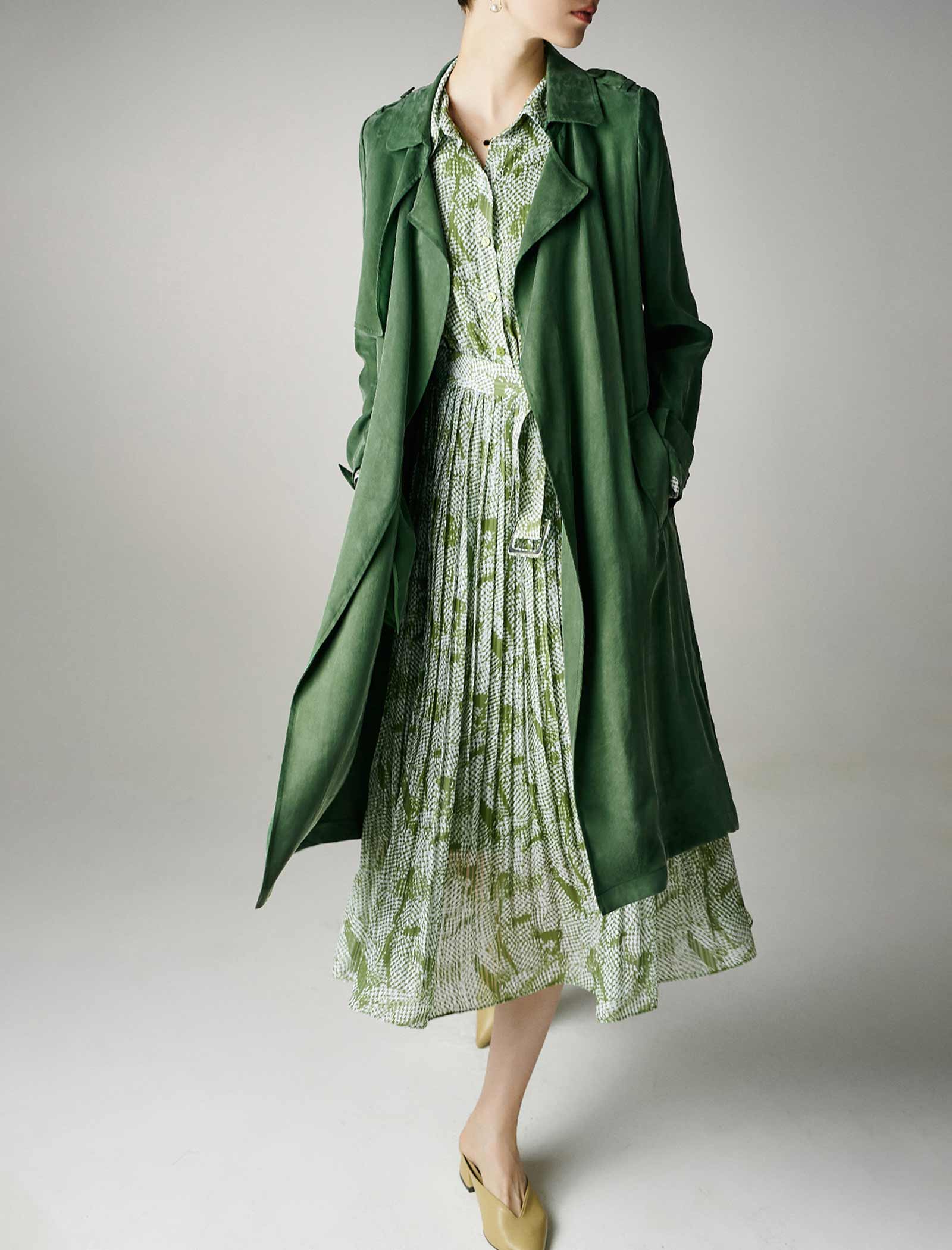 Green Belted 100% Tencel Midi Trench Coat
